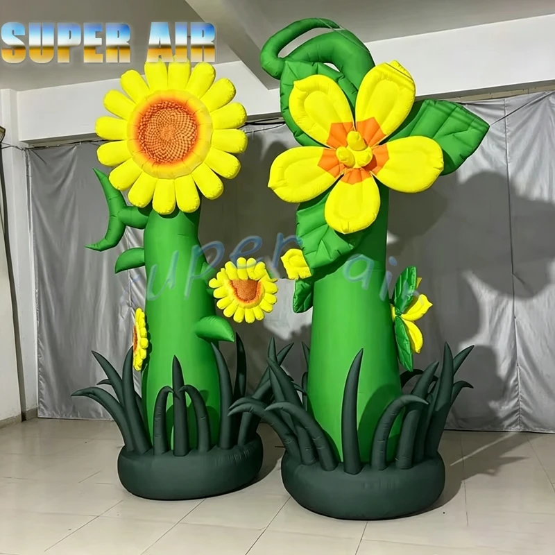 Giant Inflatable Sunflower Column Set, Blow Up Floral Tree Decor for Festival, Carnival, Commercial Show, Theme Park Ornament