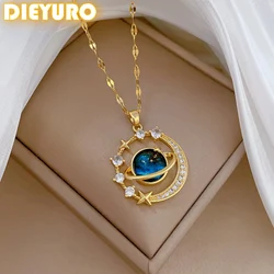DIEYURO 316L Stainless Steel Blue Starry Planet Zircon Pendant Necklace For Women New Trend Fashion Collarbone Chain Jewelry Gif