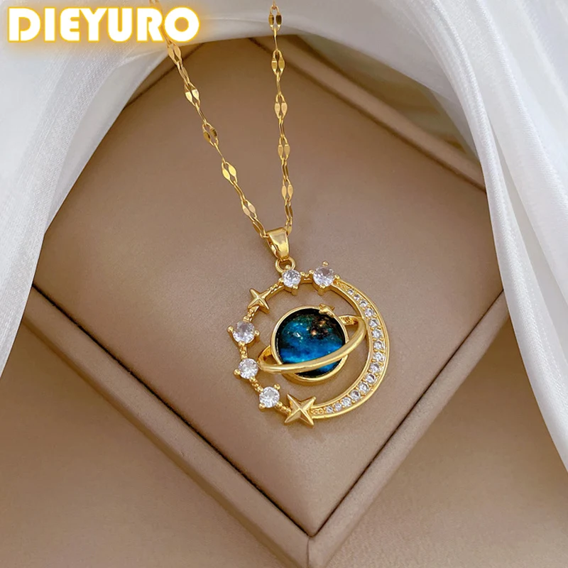 DIEYURO 316L Stainless Steel Blue Starry Planet Zircon Pendant Necklace For Women New Trend Fashion Collarbone Chain Jewelry Gif