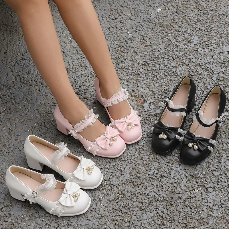 REAVE CAT Lolita Girls Pumps Round Toe Chunky Heels Buckle Strap Bowknot Sweet Daily Women Shoes Shallow Size 42 43