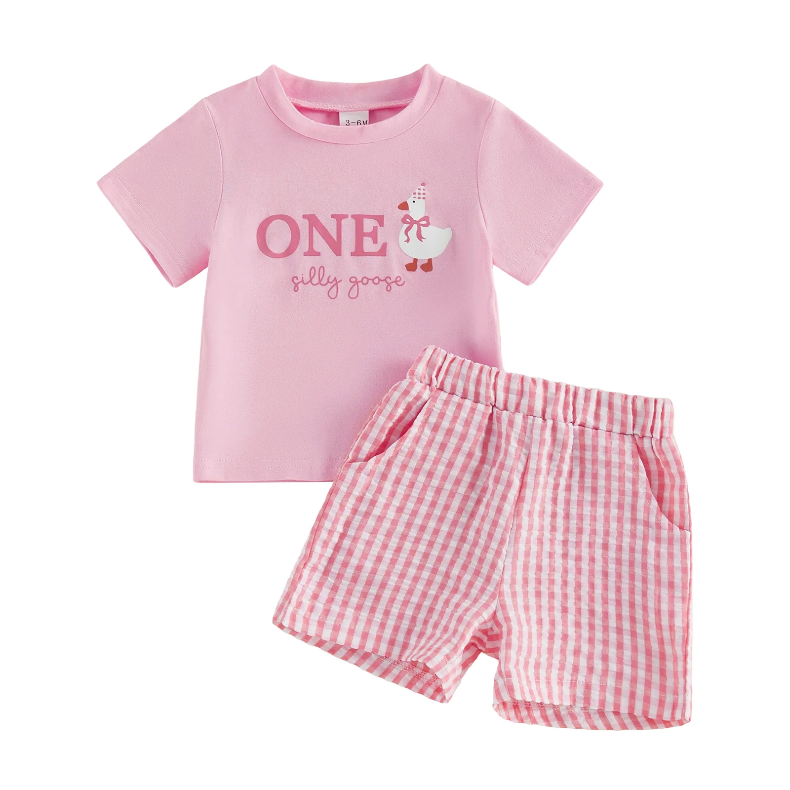 

Little Girls First Birthday Outfits Fashionable Letter Goose Print Short Sleeve Round Neck Tops and Shorts Set