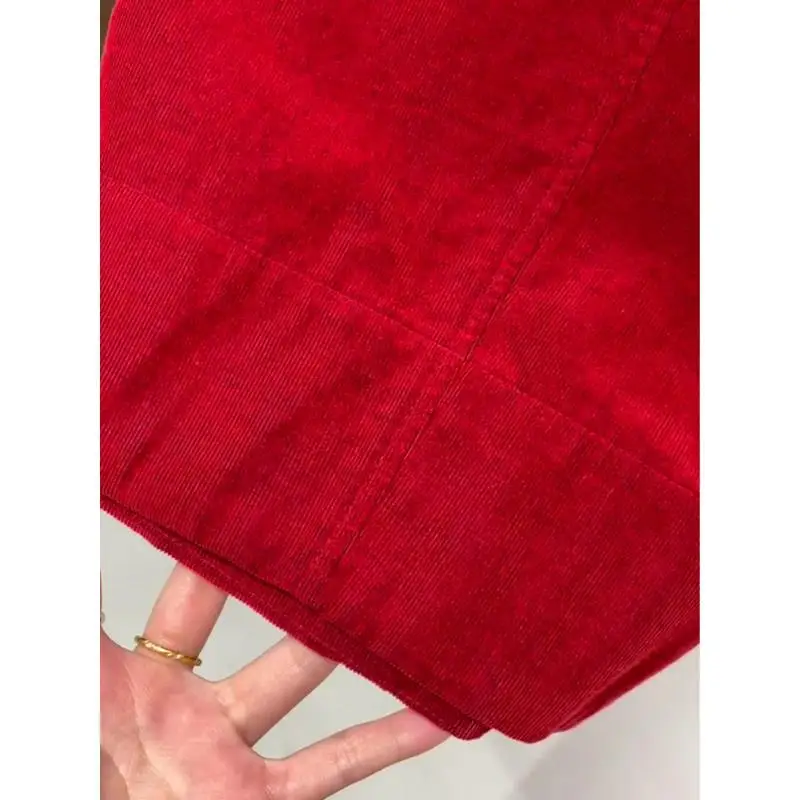 Red Corduroy Wide Leg Pants Women's 2025 Autumn Popular New High Waist Skinny Elastic Waist Fashion Casual Pants