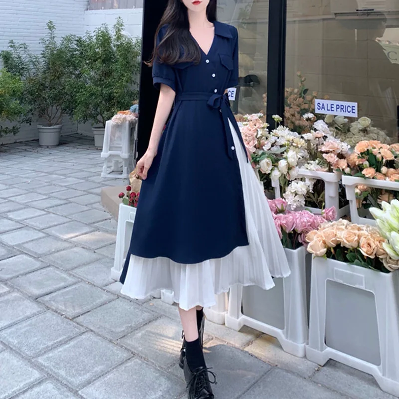 Women Dresses 2025 short-sleeved V-neck button waist-cinching slim A-line knee-length dress women's clothing vestidoes