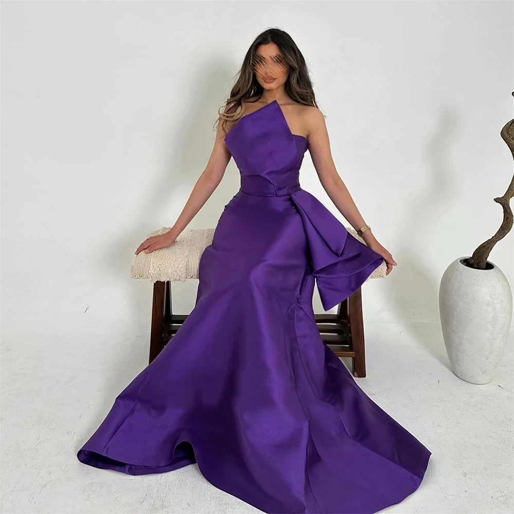 Customized Yipeisha Luxury Strapless Purple Satin Evening Dresses Pleat Mermaid Sheath Draped Sleeveless Floor Length Formal Gal