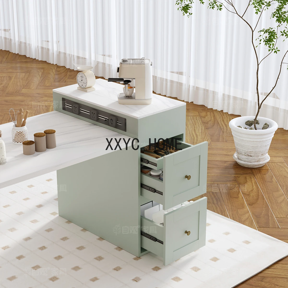 American Kitchen Island Dining Table Integrated Retractable Stone Plate Table Bar Counter Retractable Rectangular Dining Table