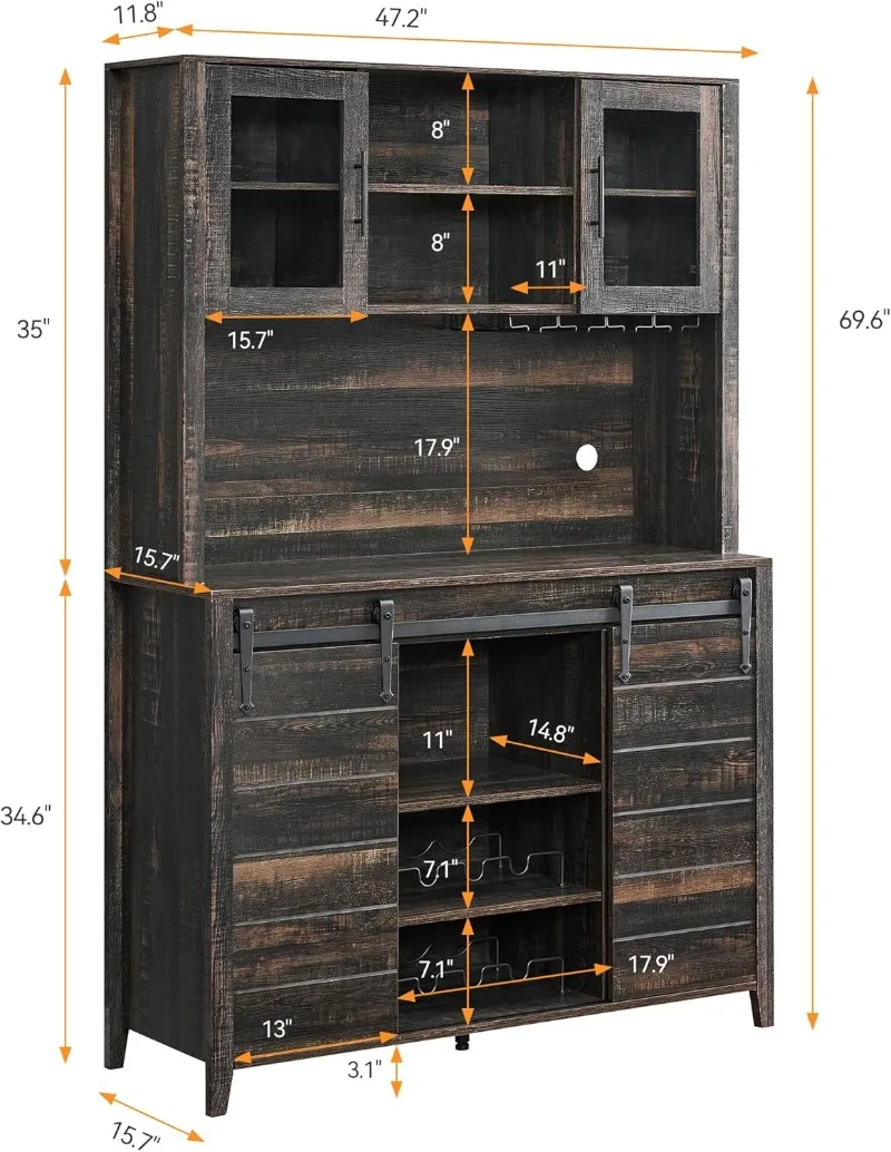 Farmhouse Coffee Bar Cabinet with Sliding Barn Doors 70'' Kitchen Hutch Cabinet with Storage Wine&Glasses Rack Tall Cabinet Oak