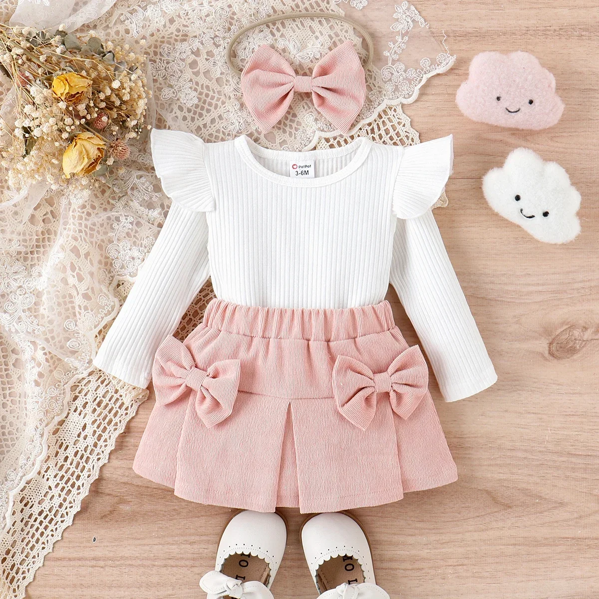 

3pcs Baby Girl 95% Cotton Ribbed Ruffle Long-sleeve Top and Bow Front Skirt & Headband Set Basic Style Comfortable