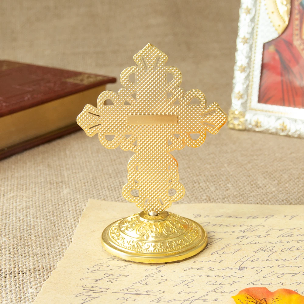 Byzantine Orthodox Standing Crucifix Gold Red Rhinestone Cross Altar Church Home Decor Jesus Icon Religious Christian Gift view 5