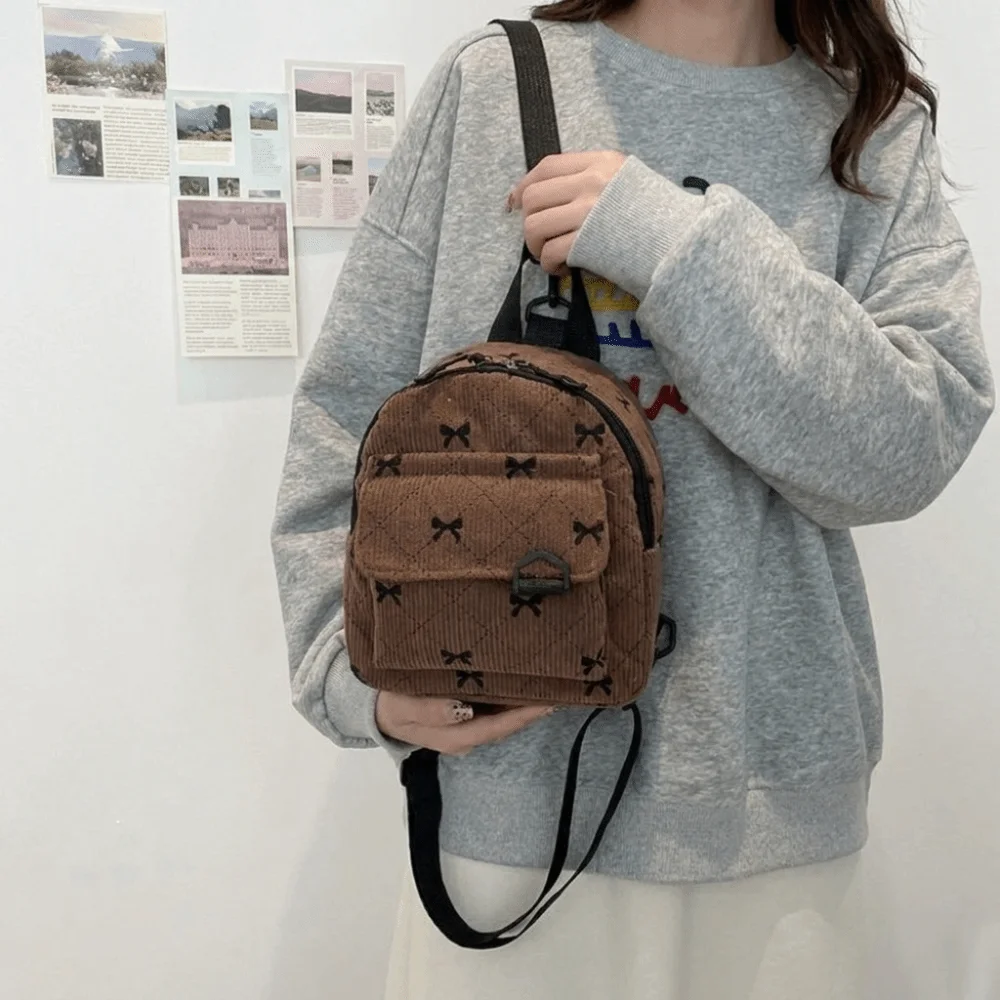 Casual Corduroy Mini Backpack Bowknot Printed Multi Layered Bow Rucksack Cosmetic Storage Bag Zipper Shoulder Bag School
