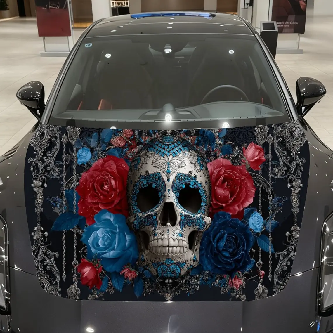 

Blue-Red Rose Diamond Skull Car Vinyl Wrap, PVC Material Waterproof Car Hood Sticker, Self-Adhesive Scratch-Resistant Stickers f