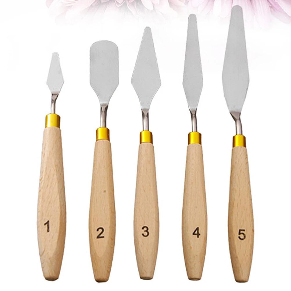 5Pcs Metal Painting Knives Set Stainless Steel Blades Wooden Handles Oil Paint Palette Tools for Art Class Canvas