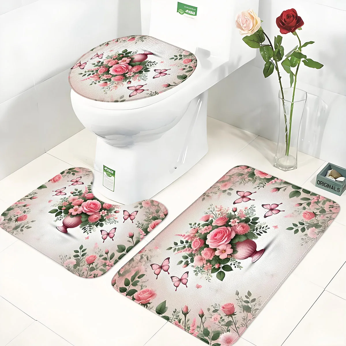 Pink Rose Butterfly Bathroom Three-Piece Set of Non-Slip Mats, Water-Absorbent and Quick-Drying Foot Mats, Romantic Pastoral Style Bathroom Decorative Floor Mats