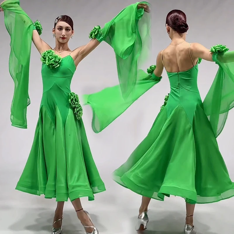 Ballroom Dans Jurk Vrouwen Zomer Standaard Moderne Dans Outfit Groene Dansvoorstelling Jurken Wals Competitie Kostuums 2409