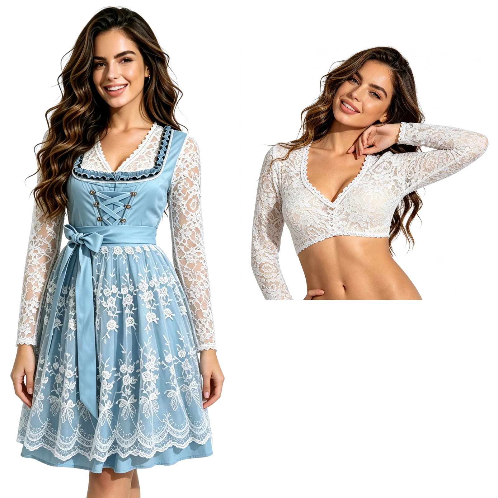 

3 PC Women Bavarian Festival Dirndl Dress German Oktoberfest Dress with Floral Apron Lace Long Sleeve Top Beer Festival Outfit