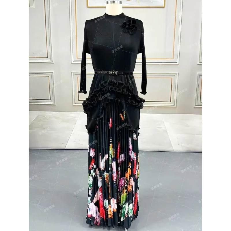 Miyake Plus Size Women's Pleated Dresses Women Waisted Printed Pleated Dresses Middle East Africa Prom Women's Wrinkle-Free