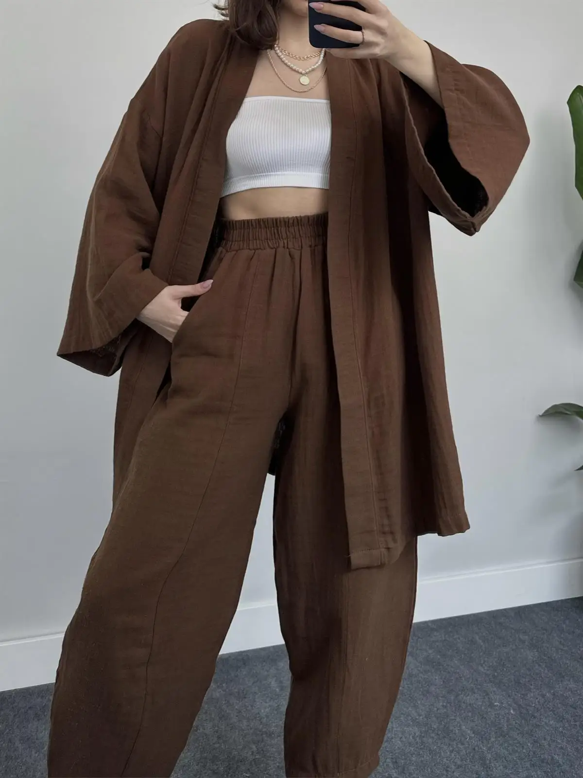 Solid Drape Loose Casual Suit  Women Pajamas Fashion Kimono Long-Sleeved High Waist Trousers 2 Pcs Sleepwear Female Home Suit