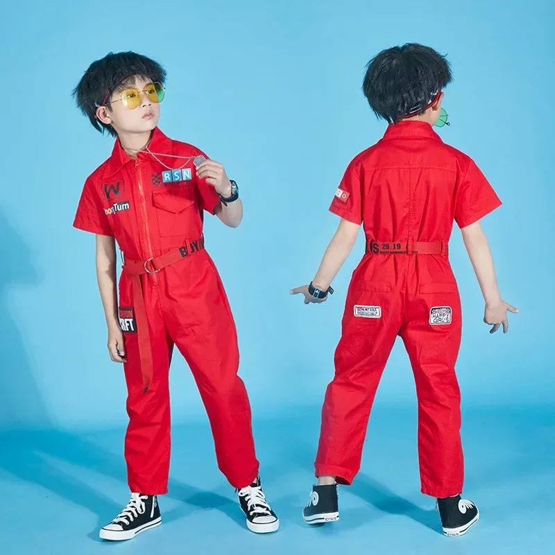 Kids Cool Short Sleeve Hip Hop Clothing Blue Red Loose Jumpsuit Overalls for Girls Boys Jazz Dance Costumes Dancing Clothes Wear