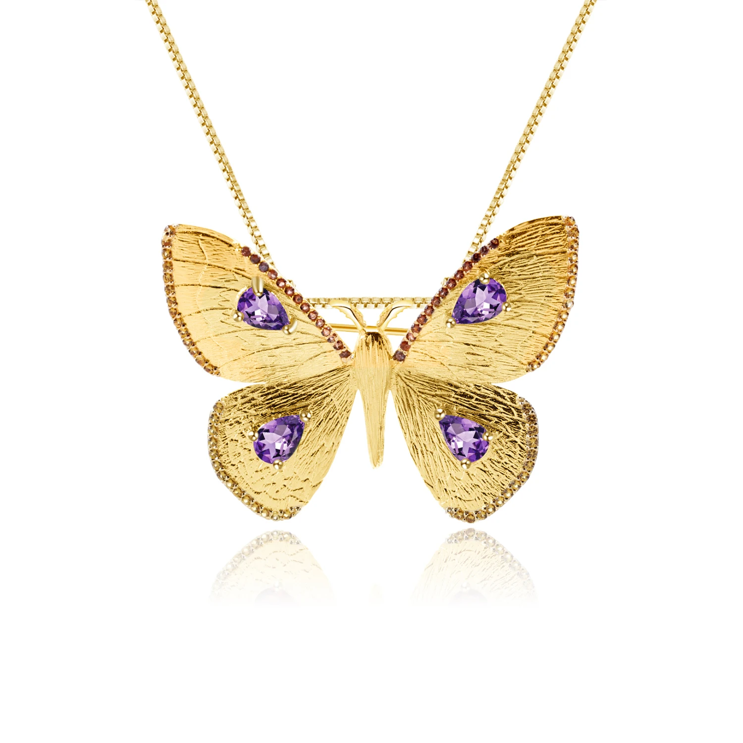 

GEM'S BALLET 1.52Ct Natural Amethyst Pendant Jewelry 925 Sterling Silver Golden Butterfly Brooch for Women Party Fine Jewelry