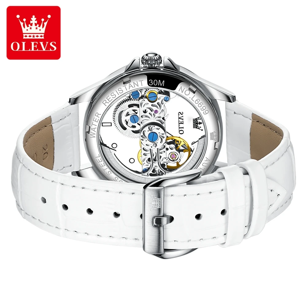 OLEVS Brand New Fashion Skeleton Mechanical Watch for Women Leather Strap Waterproof Transparent Womens Watches Relogio Feminino