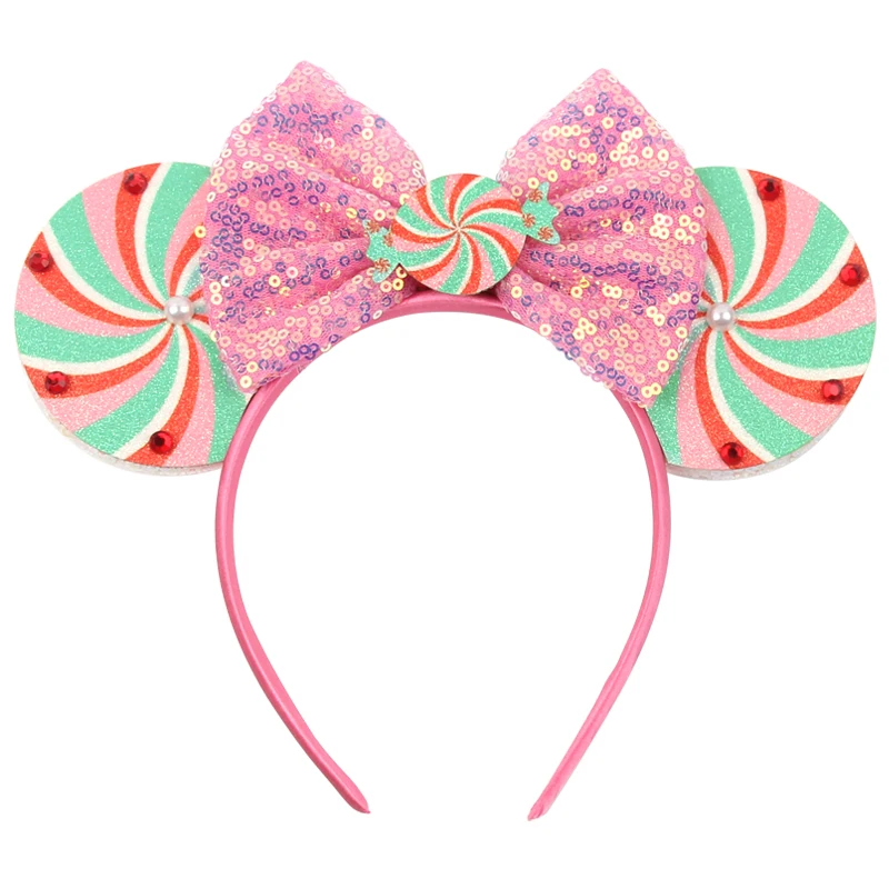 2024 Disney Christmas Peppermint Candy Mouse Ears Headband For Girls Sequins Bow Festivall Party Hairband DIY Hair Accessories