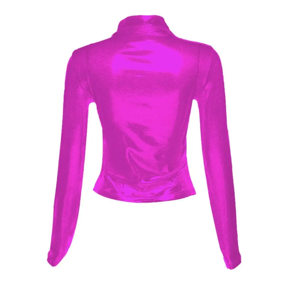 Bronzing Long Sleeve Tops Casual T-Shirts Bright Color Slim Cropped T Shirt Y2k Clothes Fall Clothing Turtleneck Tops Ladies