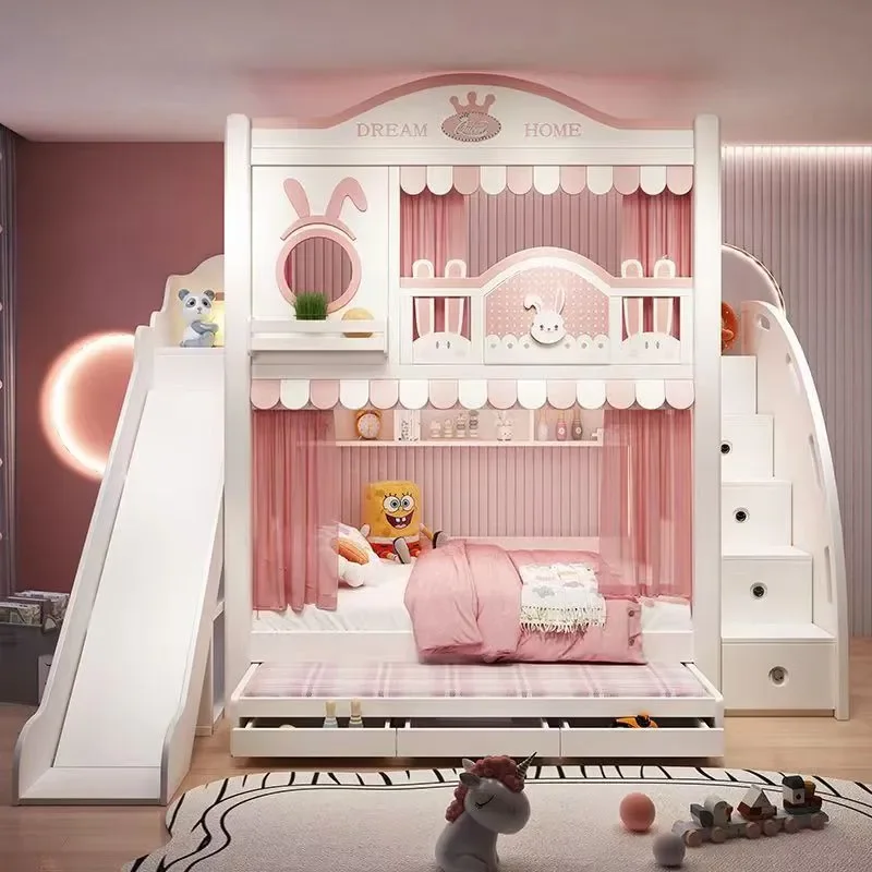 for Children Bunk Bed Girl Princess High Guardrail Multifunctional Storage Two Layer Bed with Slide for Small Apartment