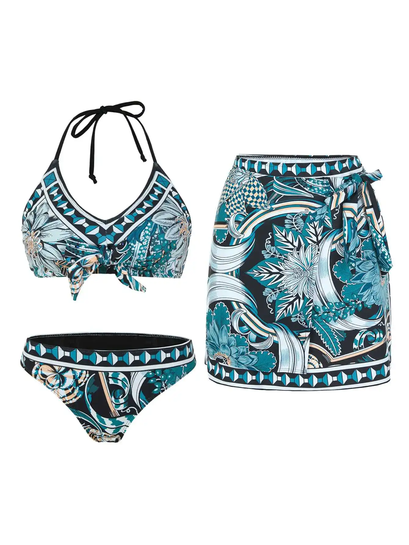 

2025 Sexy Bikini Set for Women Striped Beachwear Summer Swimsuit Three-Piece Thong Bathing Suit Themed 'Broken Flowers' Swimwear