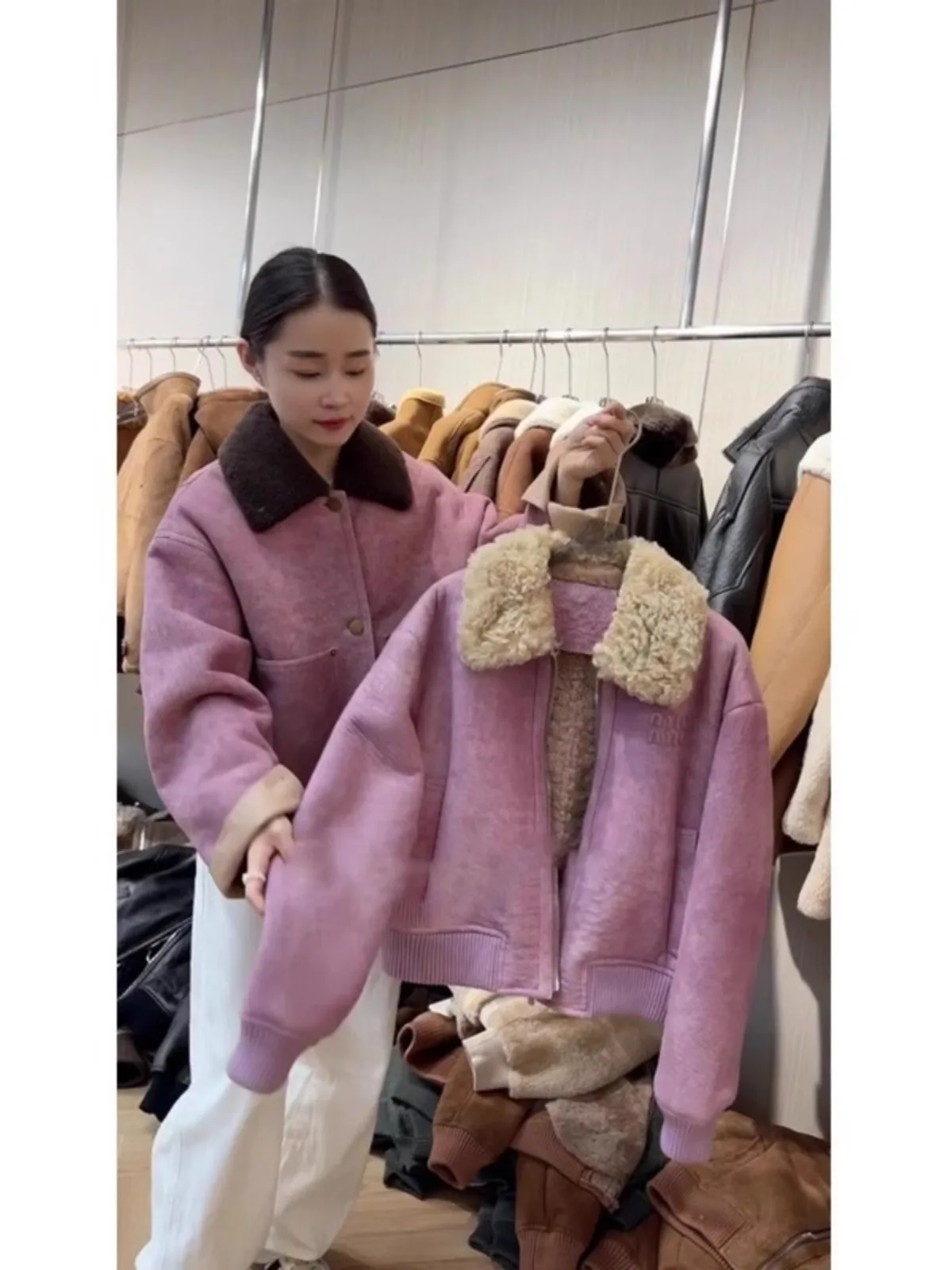 Coreano sle roxo fce forrado pele jaet feminino inverno 2024 novo tamanho pequeno super bonito integrado couro e casaco de pele