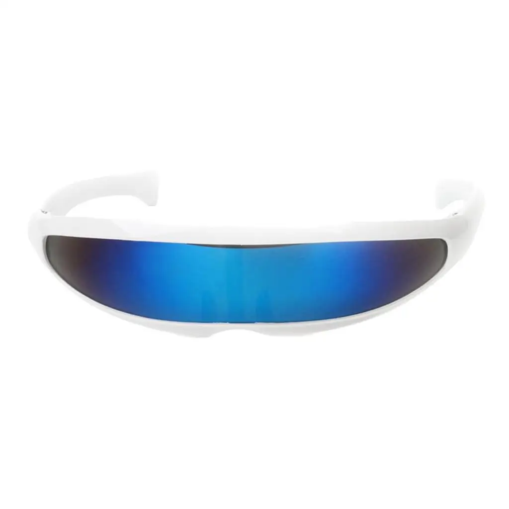 Gespiegelte Single Lens Visier Sonnenbrille Cosplay Brille, weißer Rahmen blau gespiegelt, wie beschrieben