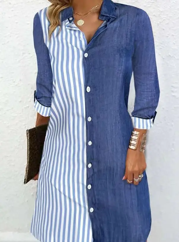 Autumn Winter Spring New Fashion Casual Long Sleeve Striped Colorblock Buttoned Shirt Dress Elegant Dresses for Women