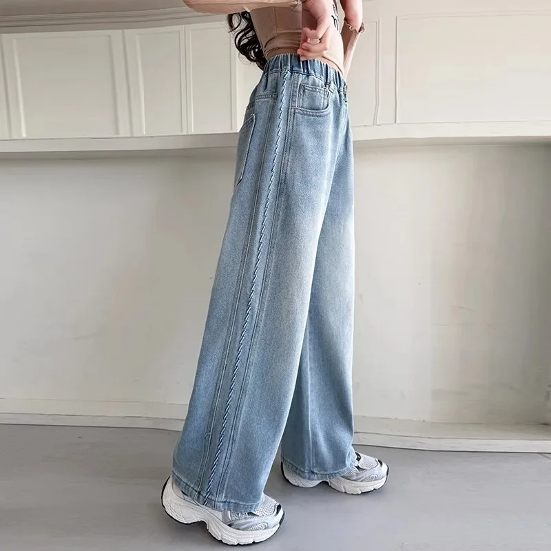 2026 Teens Girls Denim Wide Leg Pant Autumn UNITIM Children Girl Straight Pant Loose Elastic High Waist 4-14Yrs Kids Girls Jeans