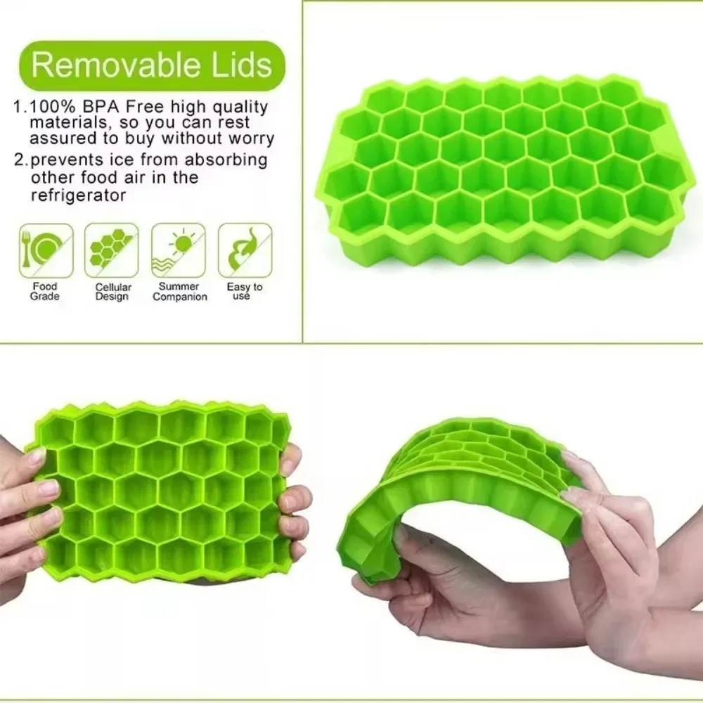 Honeycomb 37 Lattice Cube Tray Maker with Lid DIY Ice Mold Silicone Molds Ice Cube Maker Kitchen Gadgets for Cooling