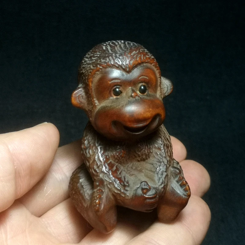 

1919 Antique art Size 2.5 Inch Old Chinese Boxwood Hand carved Lovely Animal Monkey Statue Netsuke Decoration Gift Collection