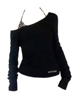 Sexy Leopard Off Shoulder Long Sleeve Top Women Fashion Two-Piece Black T Shirt Halter Bodycon Pulovers Basic Tees Blouse