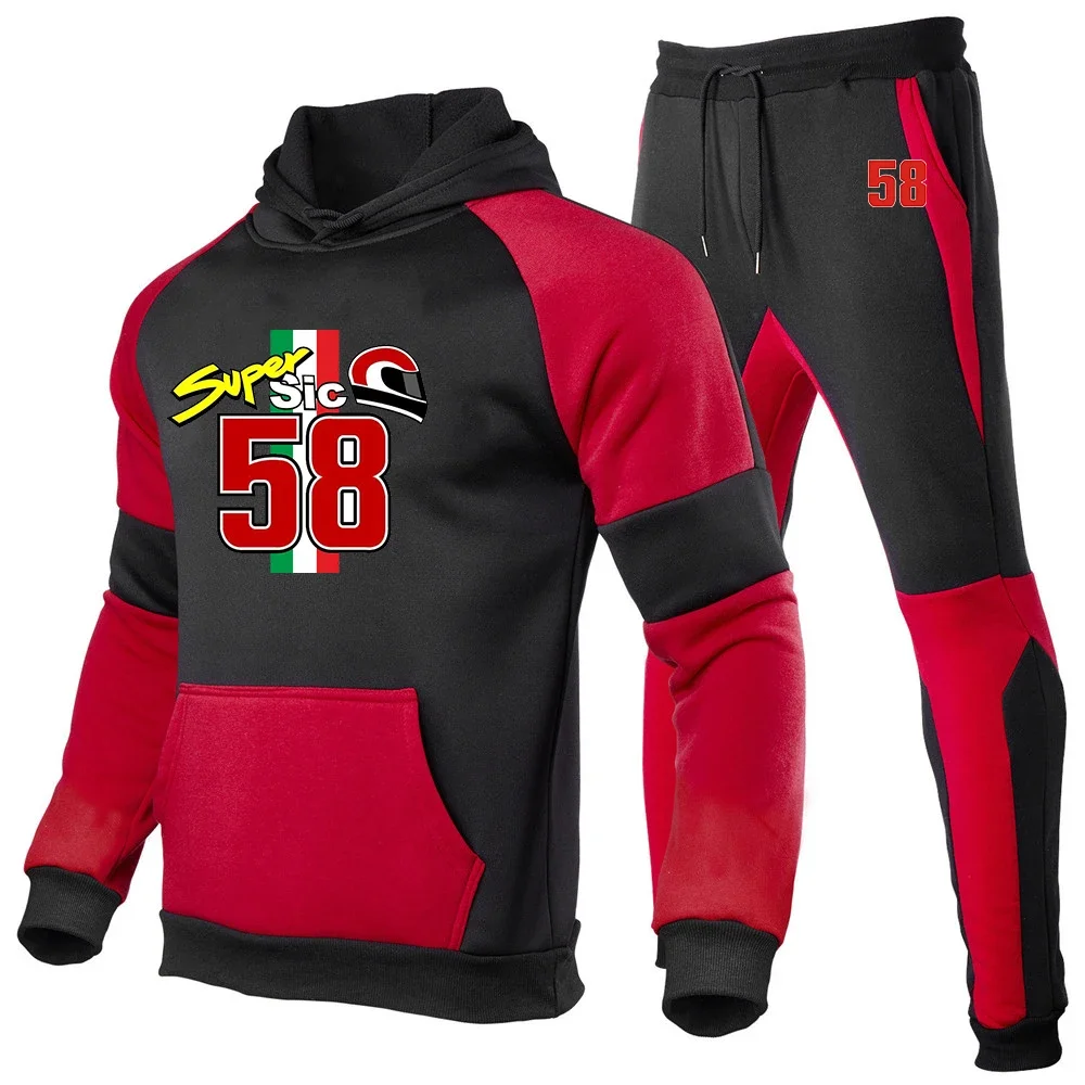 

2024 Spring Autumn Men's Marco Simoncelli Super Sic 58 Print Popular Pullover Hoodies+Drawstring Sweatpants Splicing Casual Sets