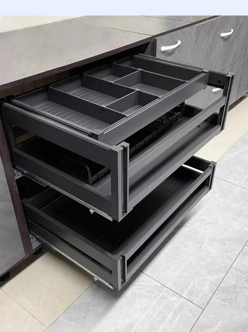 

Kitchen Cabinet Pull Basket Double-layer Aluminum Alloy Pull Out Tray Drawer Bowl Holder Bowl Basket Tool Pull Basket