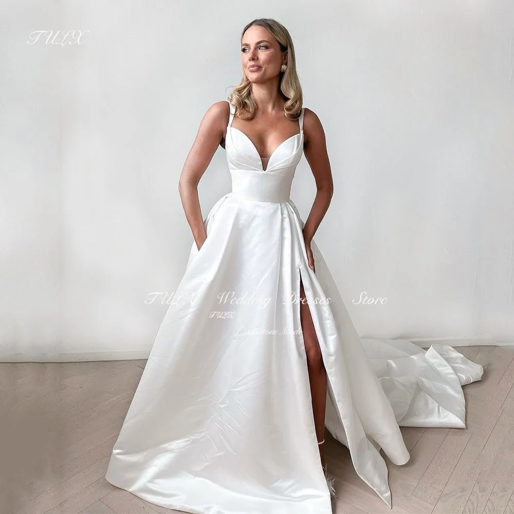 

TULX Sexy Sweetheart V Neck Strap Wedding Dresses Floor-Length Side High Slit Bride Gowns Backless Zipeer And Buttons Customized