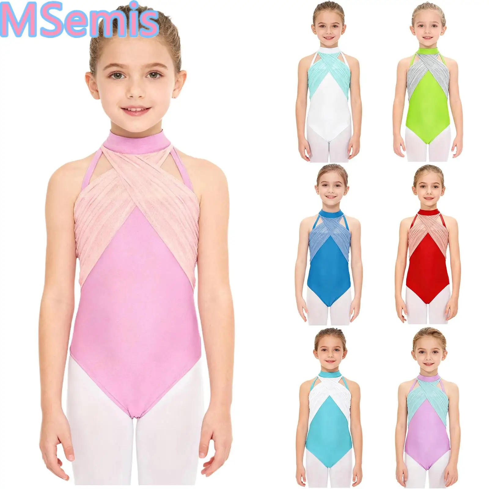 

Kids Girls Patchwork Dance Leotard Mesh Overlay Cross Ruched Shimmery Mock Neck Sleeveless Lace Cutout Back Bodysuit Dancewear