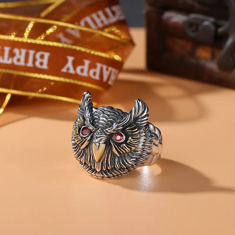 

S925 sterling silver chinese fad style ring men's distressed owl ring stylish domineering men index finger ring