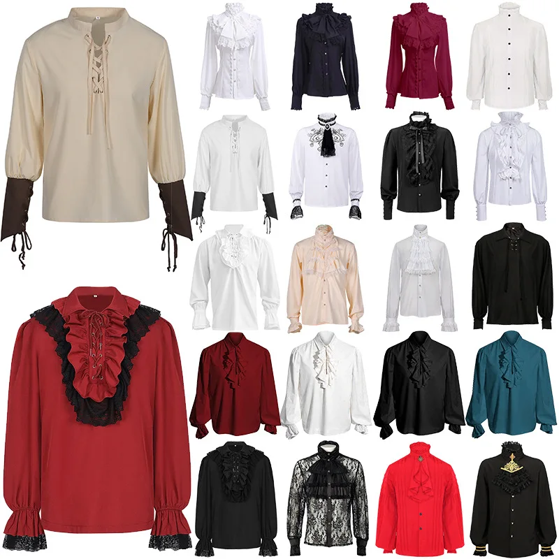 

2025 Spring and Autumn New Clothing Medieval Gothic Men's Shirt with Women's Long Sleeve Solid Color Top Priest Cosplay Costume