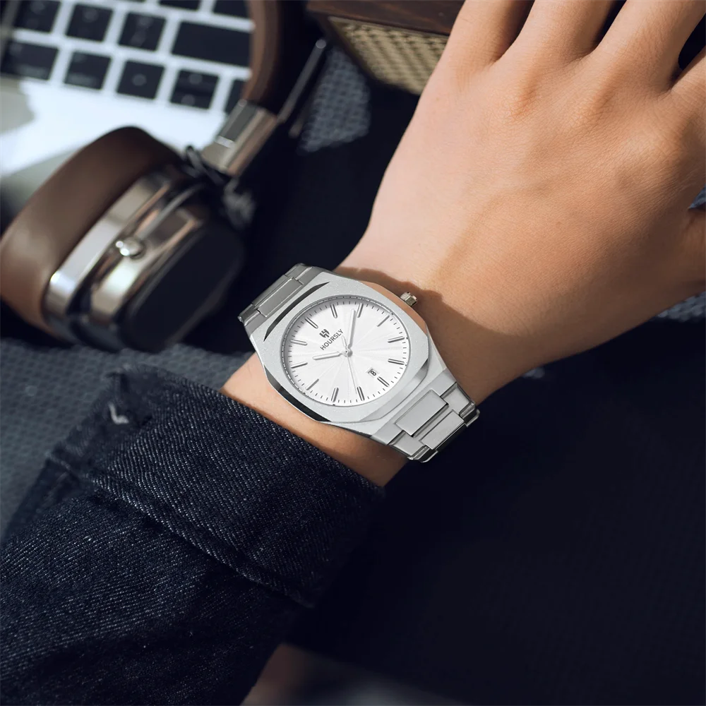 ساعة رجالية فاخرة من HOURSLY مقاومة للماء وتاريخ مضيء ساعة رجالية من الفولاذ المقاوم للصدأ ساعة رجالية رياضية عصرية ساعات كوارتز رجالية