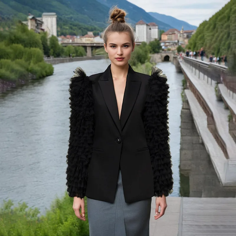 

Женский элегантный пиджак с v-образным вырезом и длинными рукавами, осень-зима, модный однотонный плиссированный сетчатый лоскутный пиджак