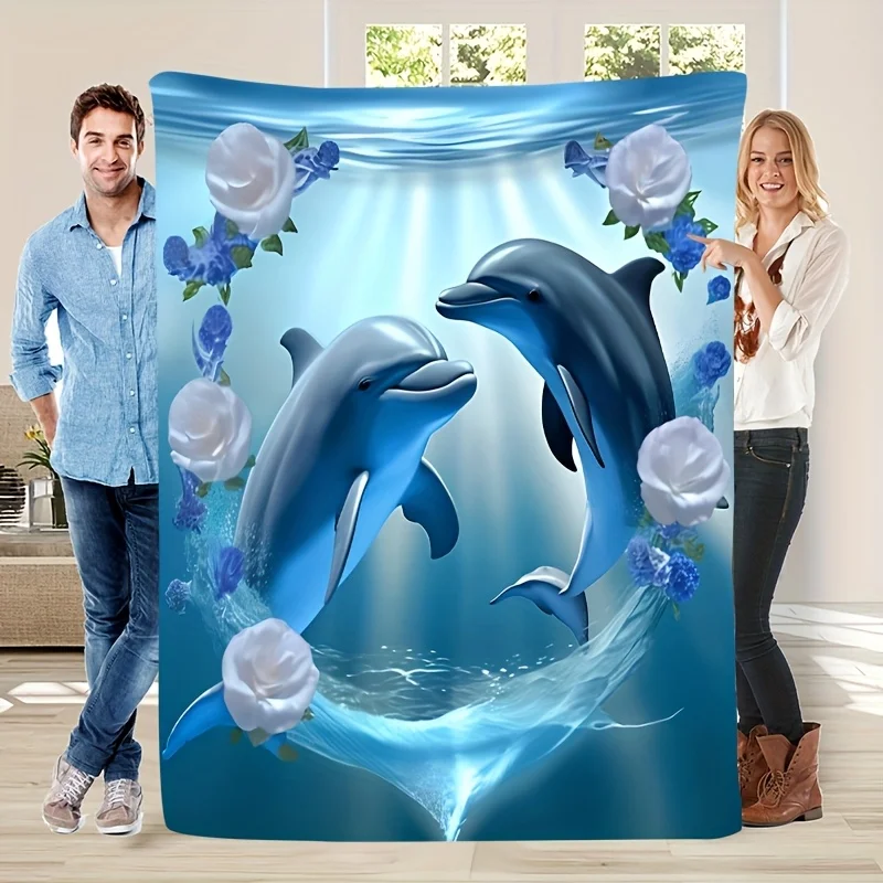 1pc Cozy & Tranquil Ocean Dream Dolphin Blue Water Underwater World with Flowers Decorative Flannel Throw Blanket - 200-250g/m²