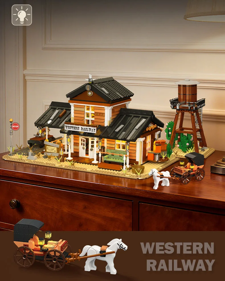 Kreatives Architektur-Modell „Amerikanische Western-Eisenbahn“ aus Bausteinen, Lernspielzeug mit Beleuchtung – Detail 6