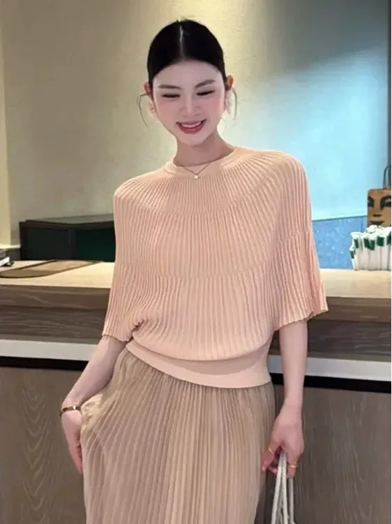 

Korean Style Short Sleeve Knitted Sweater Women's Summer New Elegant Pleated Thin Meat Conceal Slimming Top Breathable Skin-F...
