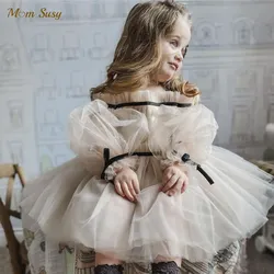 Baby Girl Princess Off Shoulder Tutu Dress Long Sleeve Child Vintage Gauze Tulle Vestido Party Wedding Birthday Frocks 1-14Y