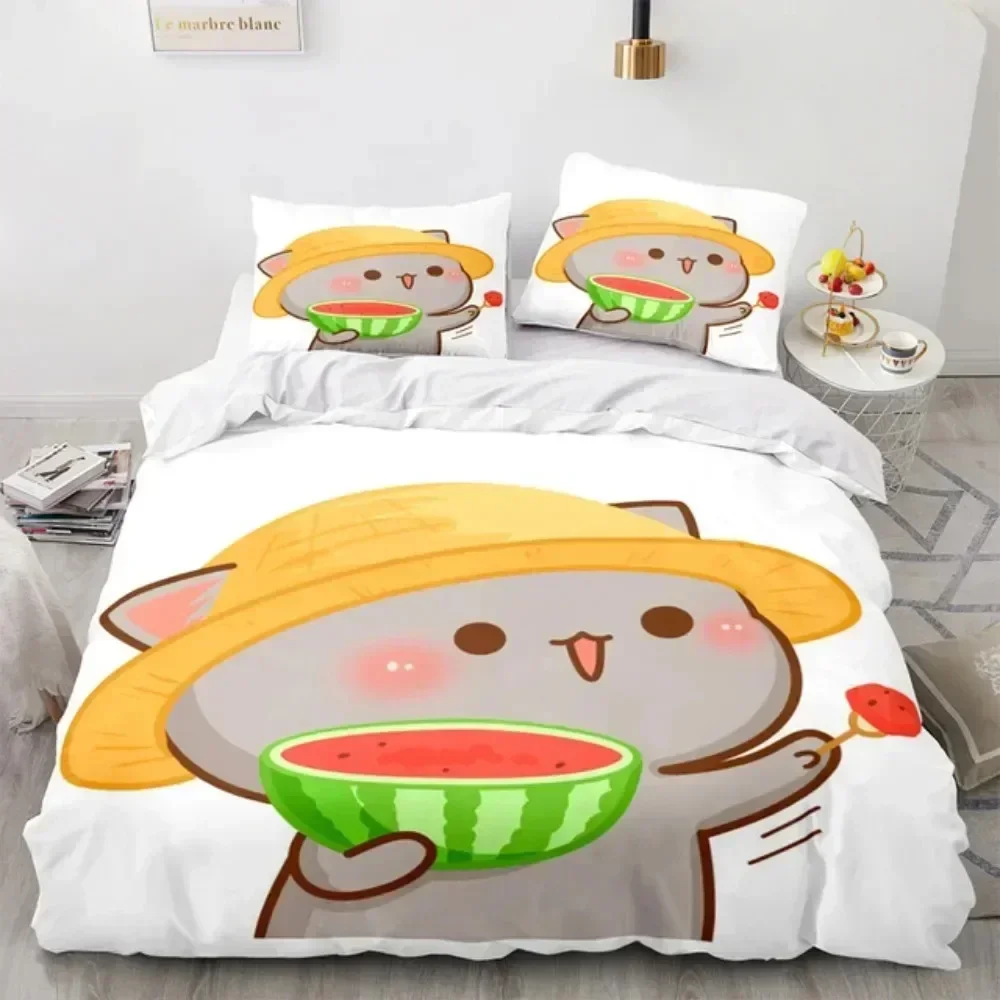 

Cartoon Lovely Peach Cat Bedding Set Duvet Cover Sheet Printed Bed Set Pillowcase Bed Full Queen King Size Comforter Bedroom
