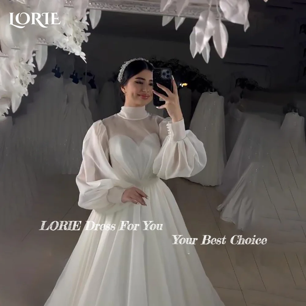 LORIE Sexy Satin Long Sleeve Wedding Dresses A-line Puff High Collar Ruffle Elegant Customized Bridal Gown Muslim Arabia Dress