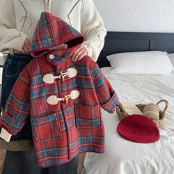 Girls Woolen Coat Boys and Girls Winter Padded Vintage Plaid Hooded Mid-length Baby Woolen Coat Korean Simple Style Clothes