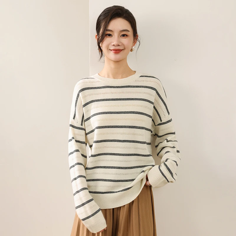 

Свитер из 100% мериносовой шерсти, повседневный женский пуловер, вязаный базовый свитер внутри, ажурный осенне-зимний универсальный топ